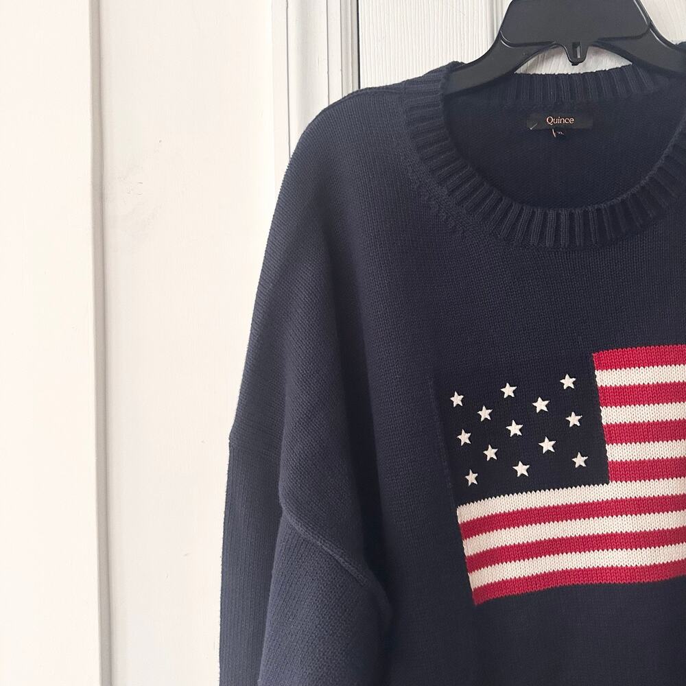 Quince Navy Blue Cotton Heavy Knit American Flag USA Patriotic Sweater XL - Picture 2 of 8